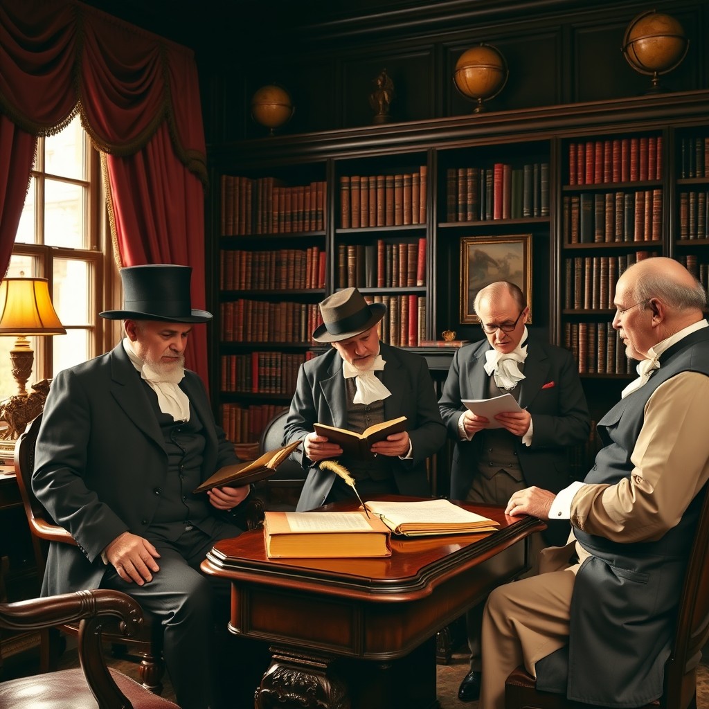 A group of British professors in an elegantly furnished study room, dressed in authentic old Victorian costumes, complete with waistcoats, tailcoats, and old-fashioned hats