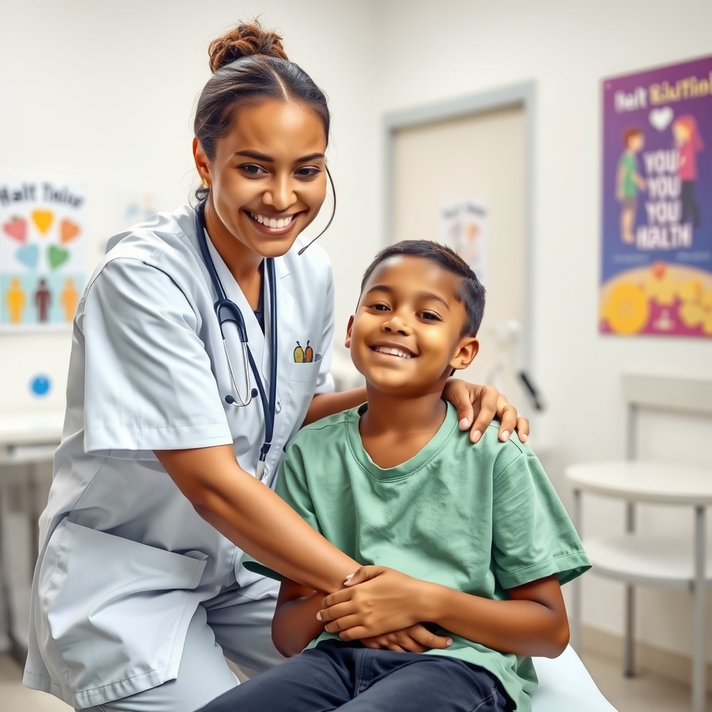 A young person receiving medical attention from a caring health worker in a bright, clean clinic