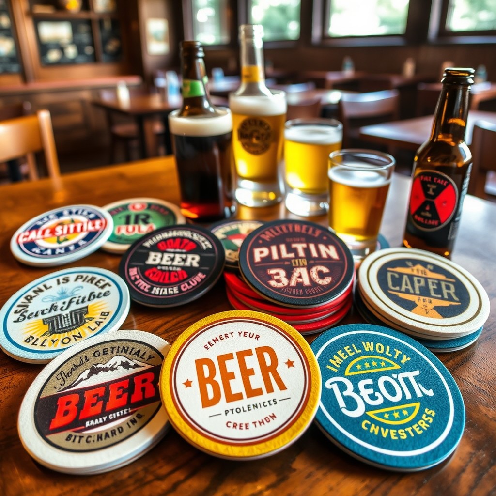 A collection of stylish beer coasters featuring diverse designs, each showcasing unique artwork and colors