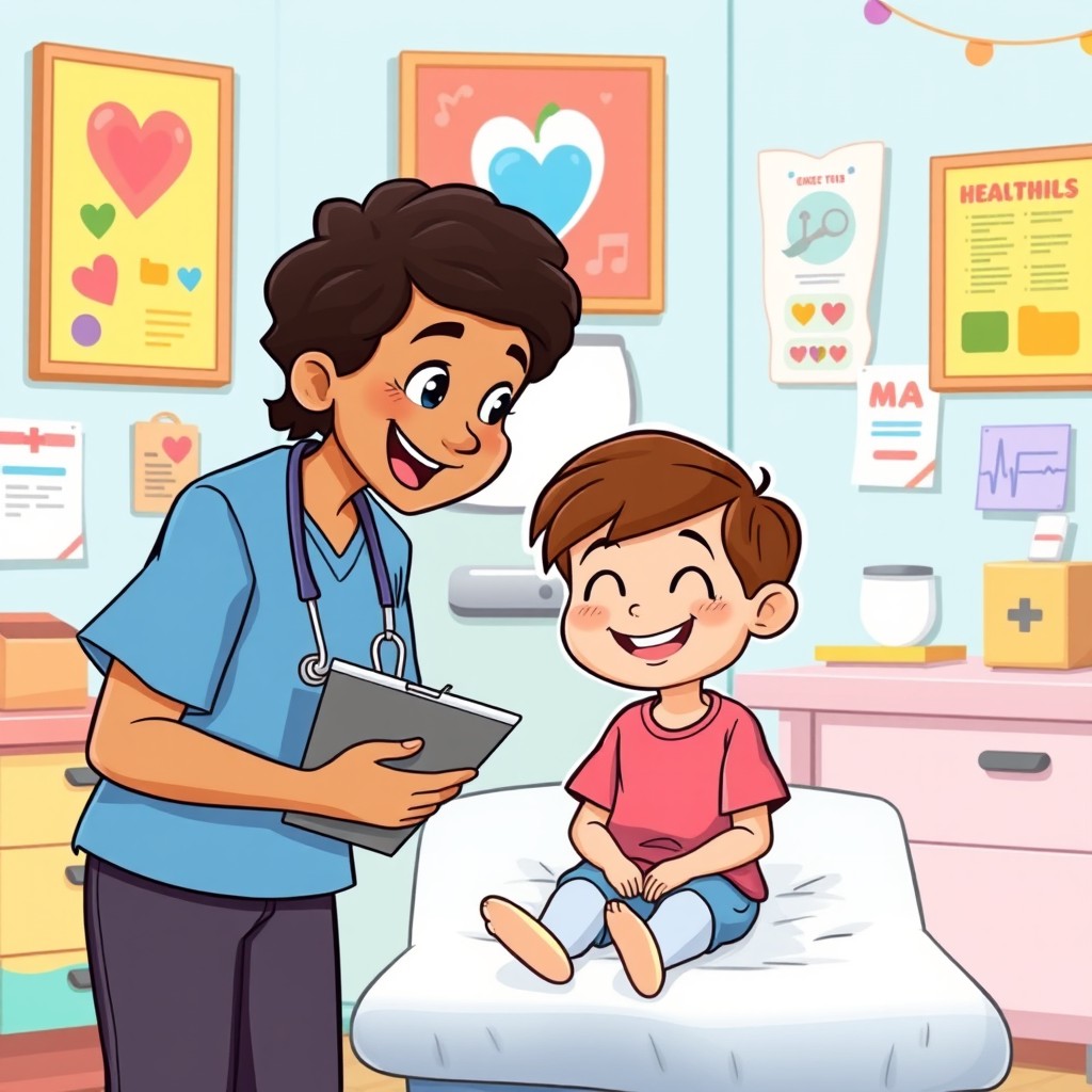A cartoon illustration of a young person being attended by a friendly health worker in a cheerful clinic setting