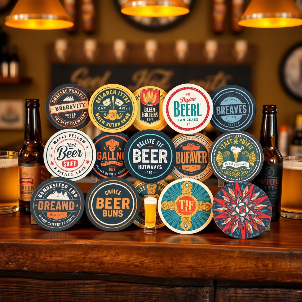 A beautifully arranged selection of beer coasters displayed on a rustic wooden bar top