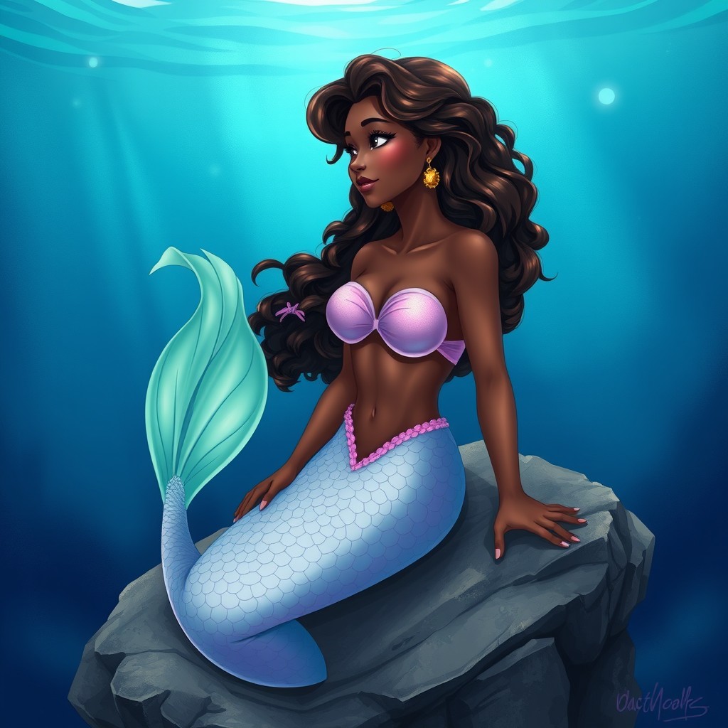 A beautiful adult mermaid sitting on a marine rock underwater, gazing towards the surface