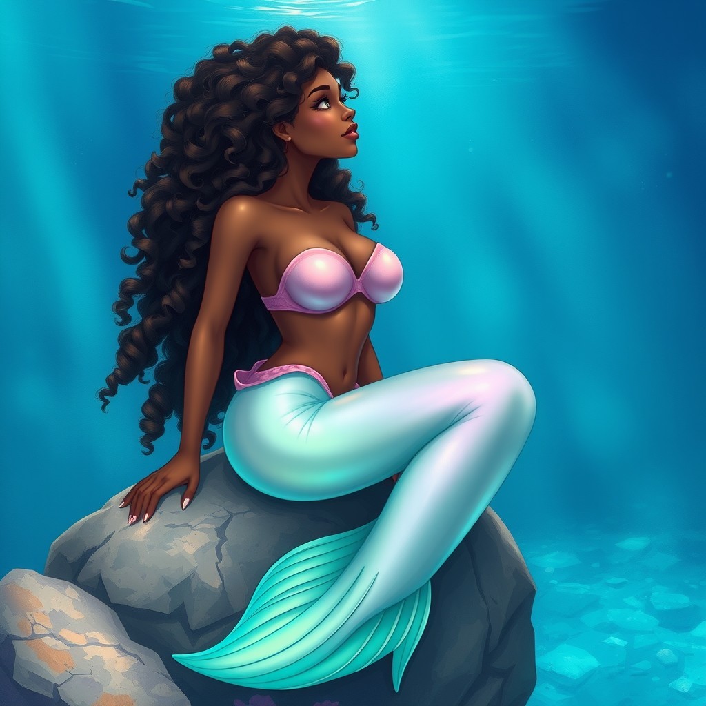 A beautiful adult mermaid sitting on a marine rock underwater, gazing towards the surface