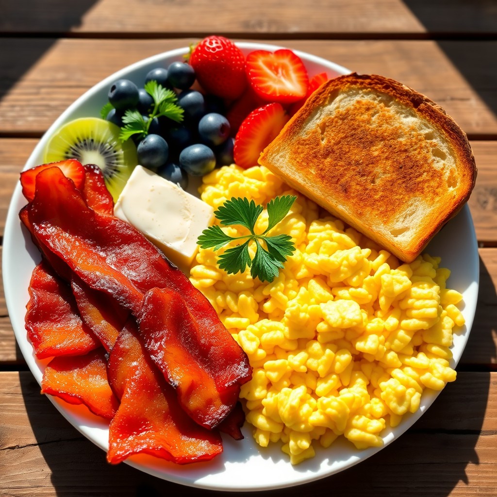 A vibrant and appetizing plate of breakfast featuring crispy bacon, fluffy scrambled eggs, golden-brown toast with butter, and a side of fresh mixed fruit including strawberries, blueberries, and slices of kiwi