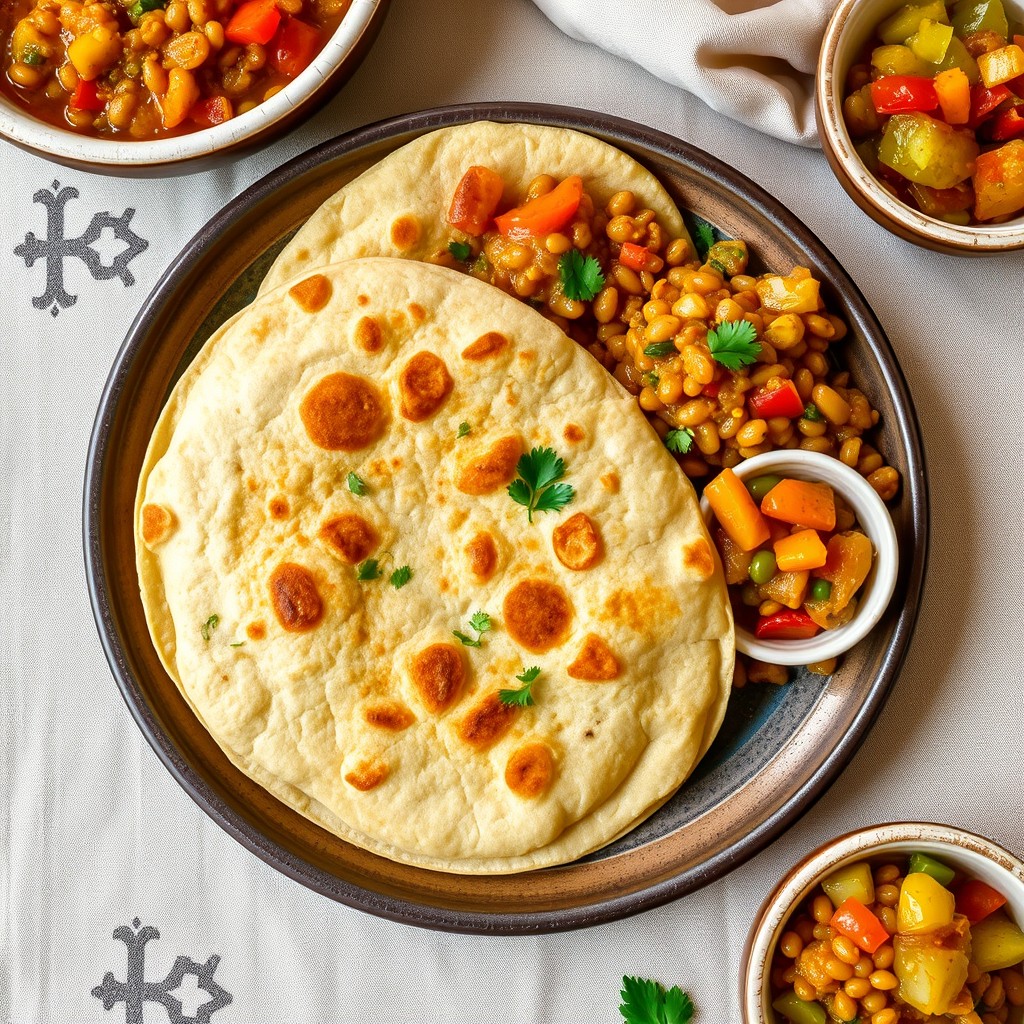 Delight in Freshly Made Roti with Colorful Sides