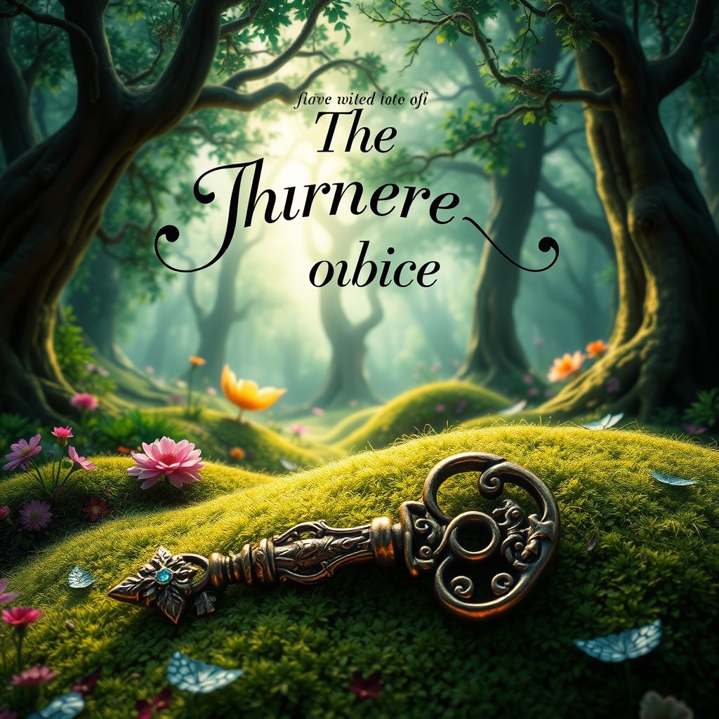 A captivating book cover design featuring a mystical forest landscape, with enchanting trees and vibrant flowers