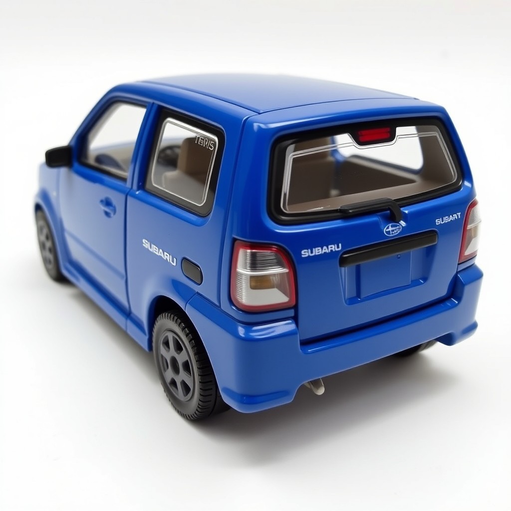 A detailed toy model of a Subaru Vivio GX-T, showcasing its iconic boxy shape and vibrant blue color