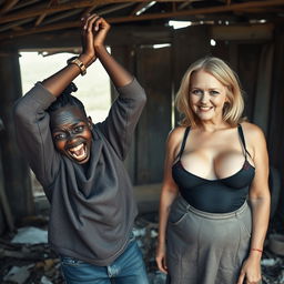 In a dilapidated, abandoned shack, a 19-year-old Black African woman, appearing malnourished and desperate, holds her head in anguish