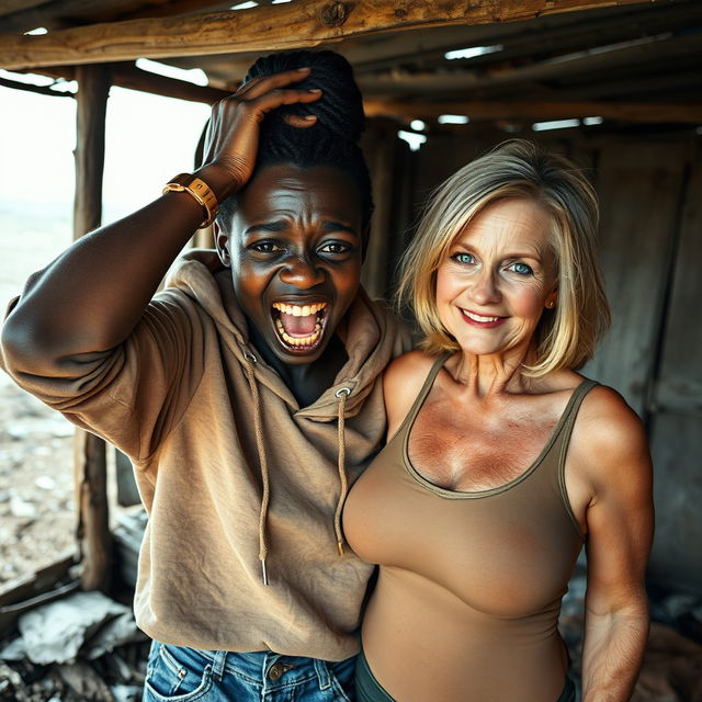 In a dilapidated, abandoned shack, a 19-year-old Black African woman, appearing malnourished and desperate, holds her head in anguish