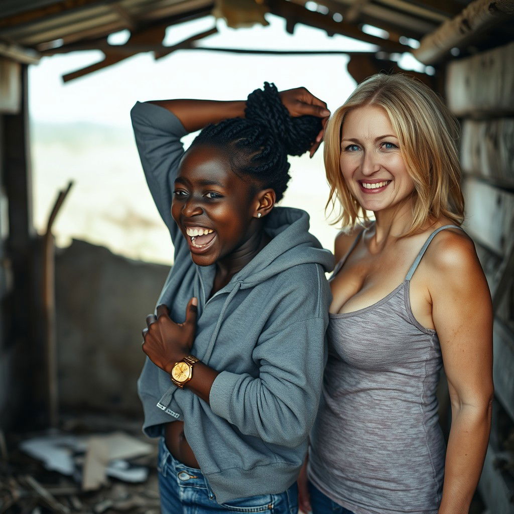 In a rundown, abandoned shack, a 19-year-old Black African woman, appearing malnourished, holds her head in despair