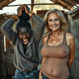In a rundown, abandoned shack, a 19-year-old Black African woman, appearing malnourished, holds her head in despair