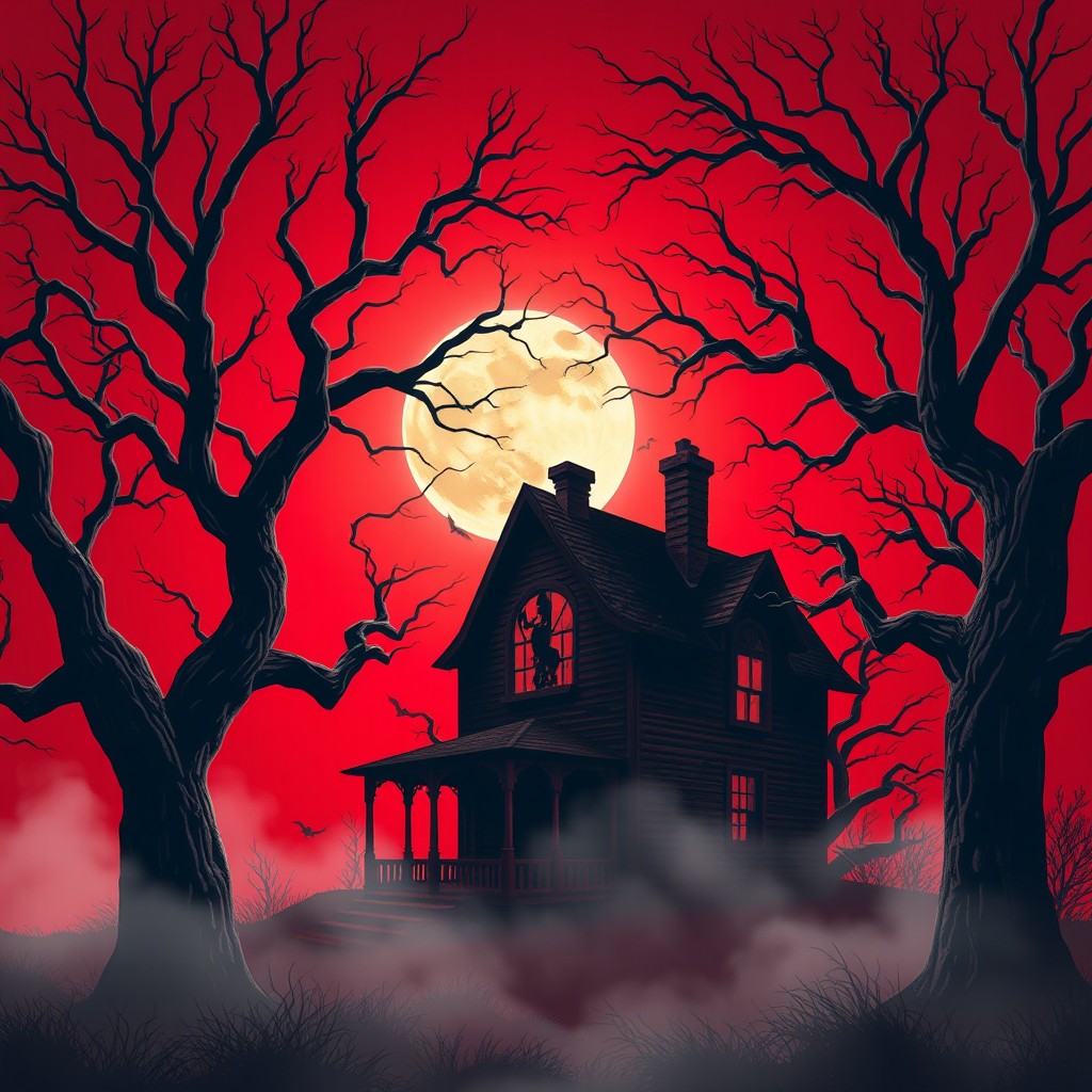 A spooky, haunted house surrounded by twisted, gnarled trees with bare branches, set against a vibrant, deep red background