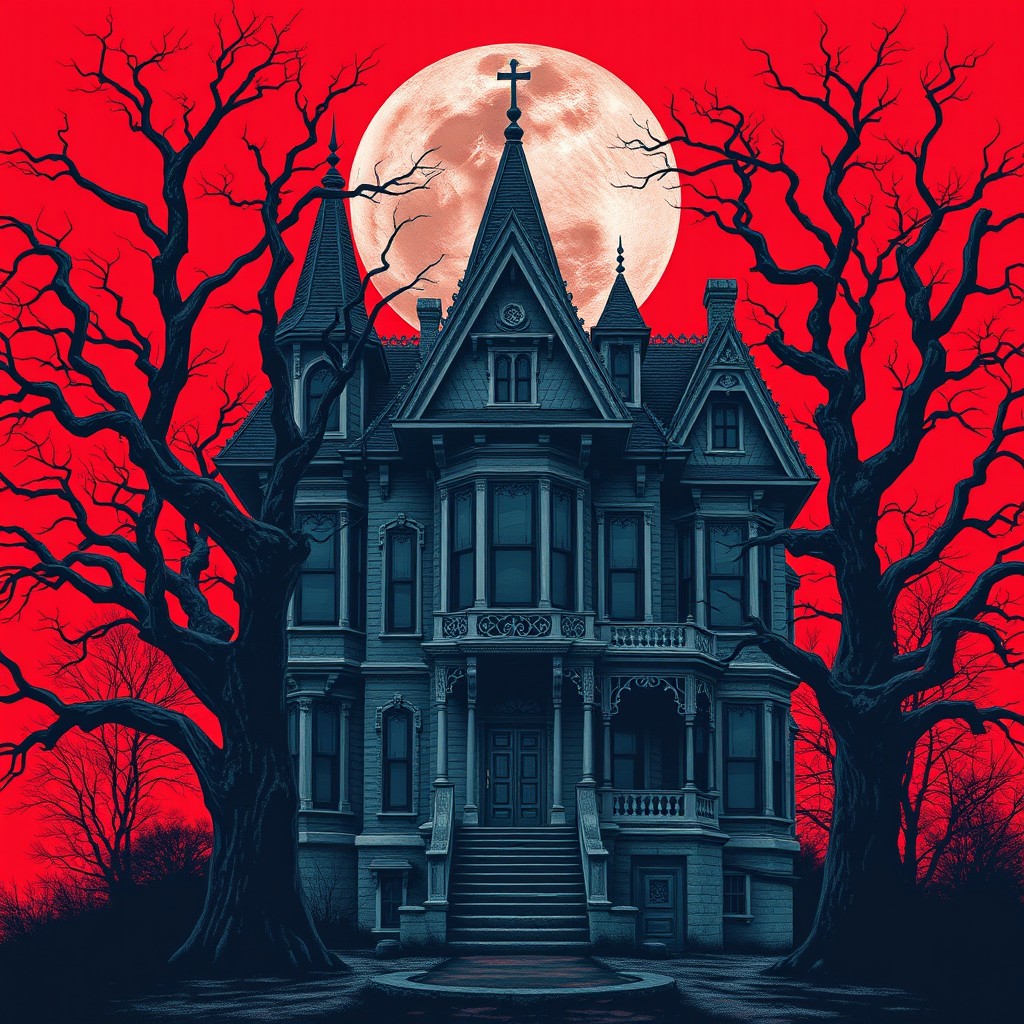 A large, spooky house with a Victorian architectural style, featuring pointed roofs, ornate details, and a weathered facade