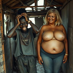 Inside an abandoned, rundown shack, a 19-year-old malnourished African woman with deeply rich black skin is depicted in a moment of panic, holding her head with her hands, her wide eyes showing distress