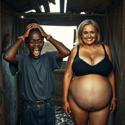 Inside an abandoned, rundown shack, a 19-year-old malnourished African woman with deeply rich black skin is depicted in a moment of panic, holding her head with her hands, her wide eyes showing distress