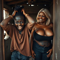 Inside an abandoned, rundown shack, a 19-year-old malnourished African woman with deeply rich black skin is depicted in a state of despair, holding her head with her hands, her wide eyes expressing panic