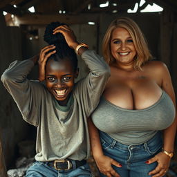 Inside an abandoned, rundown shack, a 19-year-old malnourished African woman with deeply rich black skin is depicted in a state of despair, holding her head with her hands, her wide eyes expressing panic