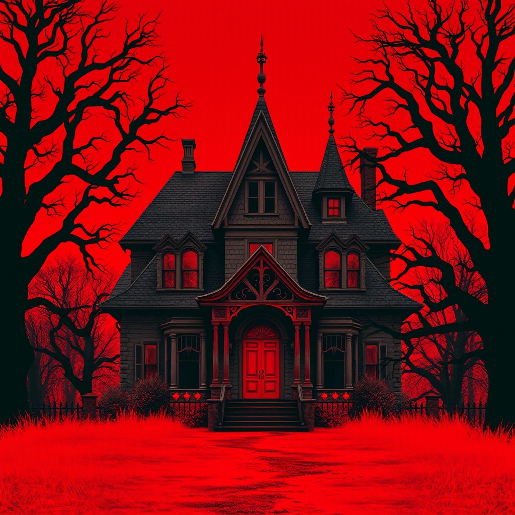 A large, spooky house with a Victorian architectural style, featuring pointed roofs and intricate details, set against a vivid red background