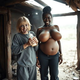 In an abandoned poor shack, a 19-year-old malnourished evil-looking blonde woman with blue eyes holds a baby bottle, her eyes wide and manic as she screams and smiles