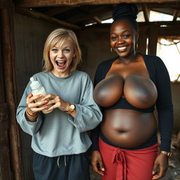 In an abandoned poor shack, a 19-year-old malnourished evil-looking blonde woman with blue eyes holds a baby bottle, her eyes wide and manic as she screams and smiles