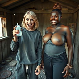 In an abandoned poor shack, a 19-year-old malnourished evil-looking blonde woman with blue eyes holds a baby bottle, her eyes wide and manic as she screams and smiles