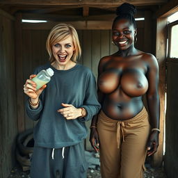 In an abandoned poor shack, a 19-year-old malnourished evil-looking blonde woman with blue eyes holds a baby bottle, her eyes wide and manic as she screams and smiles