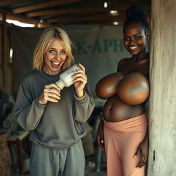 In an abandoned poor shack, a 19-year-old malnourished evil-looking blonde woman with blue eyes holds a baby bottle, her eyes wide and manic as she screams and smiles