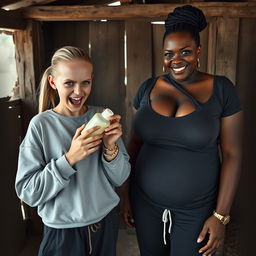 In an abandoned poor shack, a 19-year-old malnourished evil-looking blonde woman with blue eyes holds a baby bottle, her eyes wide and manic as she screams and smiles
