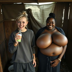 In an abandoned poor shack, a 19-year-old malnourished evil-looking blonde woman with blue eyes holds a baby bottle, her eyes wide and manic as she screams and smiles