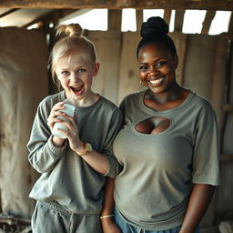 In an abandoned poor shack, a 19-year-old malnourished evil-looking blonde woman with blue eyes holds a baby bottle, her eyes wide and manic as she screams and smiles