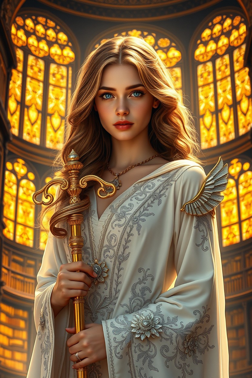 A beautiful young messenger depicted in a hyper-realistic cinematic style, shown in full body
