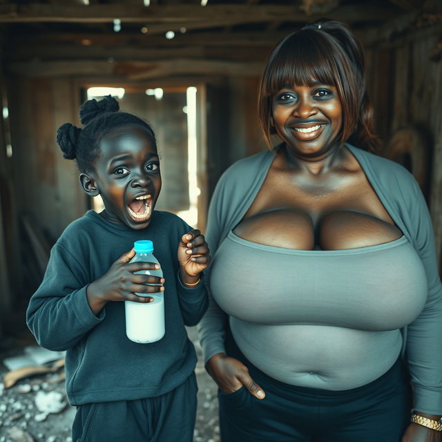 In a dilapidated, abandoned shack, a very small and unsettling 22-year-old African woman with deep black skin holds a baby bottle filled with milk