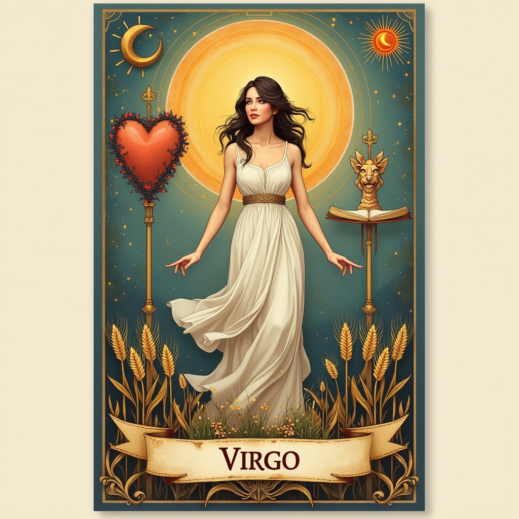 A prototype of a beautifully designed tarot card representing the sun sign of Virgo, with an ethereal background that embodies the analytical and grounded nature of Virgo