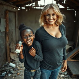 In a rundown, abandoned shack, a striking scene features a malnourished 19-year-old African woman of very short stature, showcasing her deeply dark skin