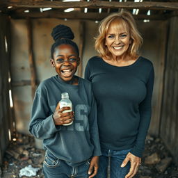 In a rundown, abandoned shack, a striking scene features a malnourished 19-year-old African woman of very short stature, showcasing her deeply dark skin