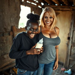 In a rundown, abandoned shack, a striking scene features a malnourished 19-year-old African woman of very short stature, showcasing her deeply dark skin