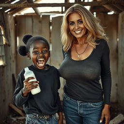 In a rundown, abandoned shack, a striking scene features a malnourished 19-year-old African woman of very short stature, showcasing her deeply dark skin
