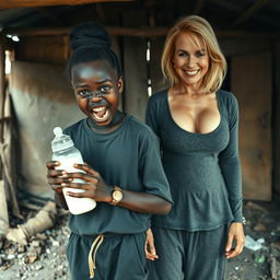 In an abandoned, impoverished shack, a captivating scene features a malnourished 19-year-old African woman of very short stature with deeply dark skin