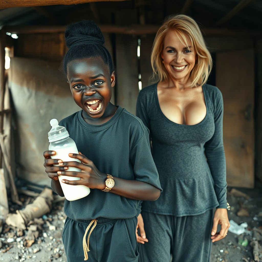 In an abandoned, impoverished shack, a captivating scene features a malnourished 19-year-old African woman of very short stature with deeply dark skin