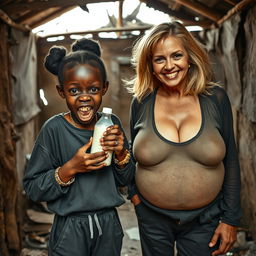 In an abandoned, impoverished shack, a captivating scene features a malnourished 19-year-old African woman of very short stature with deeply dark skin