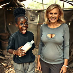 In a dilapidated, abandoned shack, a striking scene unfolds featuring a malnourished 19-year-old African woman of very short stature with deeply dark skin