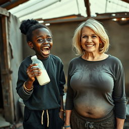 In a dilapidated, abandoned shack, a striking scene unfolds featuring a malnourished 19-year-old African woman of very short stature with deeply dark skin