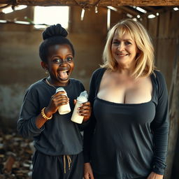 In a dilapidated, abandoned shack, a striking scene unfolds featuring a malnourished 19-year-old African woman of very short stature with deeply dark skin