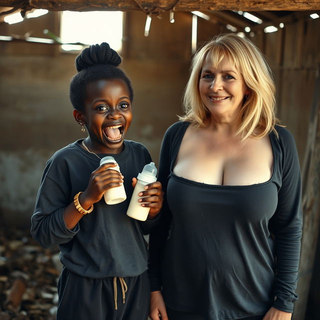 In a dilapidated, abandoned shack, a striking scene unfolds featuring a malnourished 19-year-old African woman of very short stature with deeply dark skin