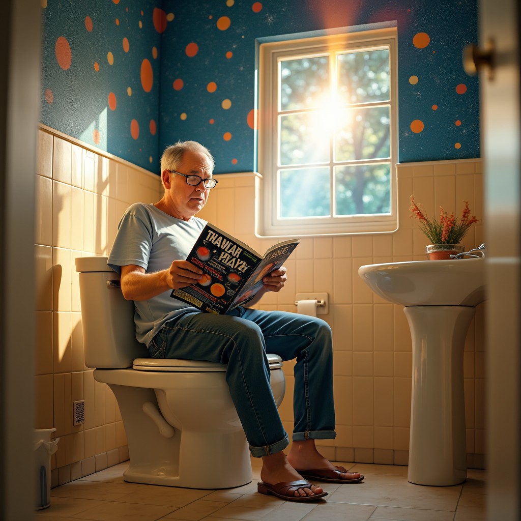 A middle-aged man with a humorous expression sitting on a white porcelain toilet, reading a colorful science fiction magazine