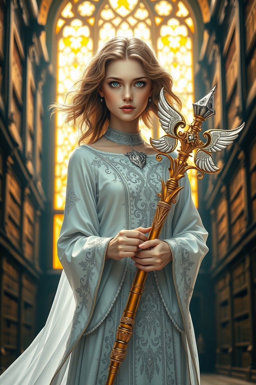 A beautiful young female messenger depicted in hyper-realistic cinematic style, shown in a full-body view