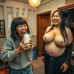 Inside a traditional Chinese house, there is a chaotic scene featuring a frantic 19-year-old malnourished Chinese woman