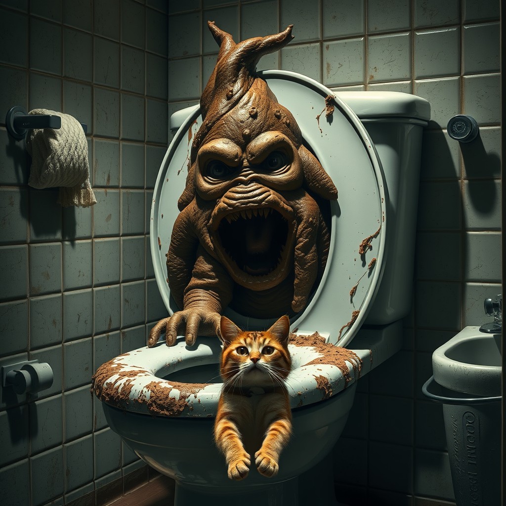 A realistic depiction of a giant poop monster emerging from a worn-out toilet seat, featuring a grotesque yet humorous design
