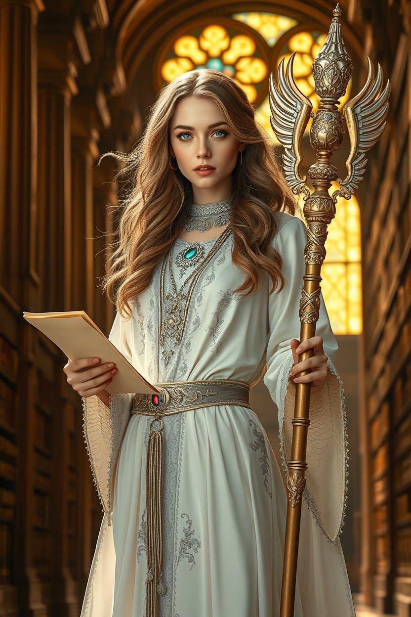 A beautiful female messenger depicted in hyper-realistic cinematic style, shown in a full-body view