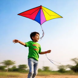 A young boy joyfully flying a colorful kite in a clear, bright sky. The boy is wearing a casual t-shirt that has the name 'Aanand' expertly printed on it.